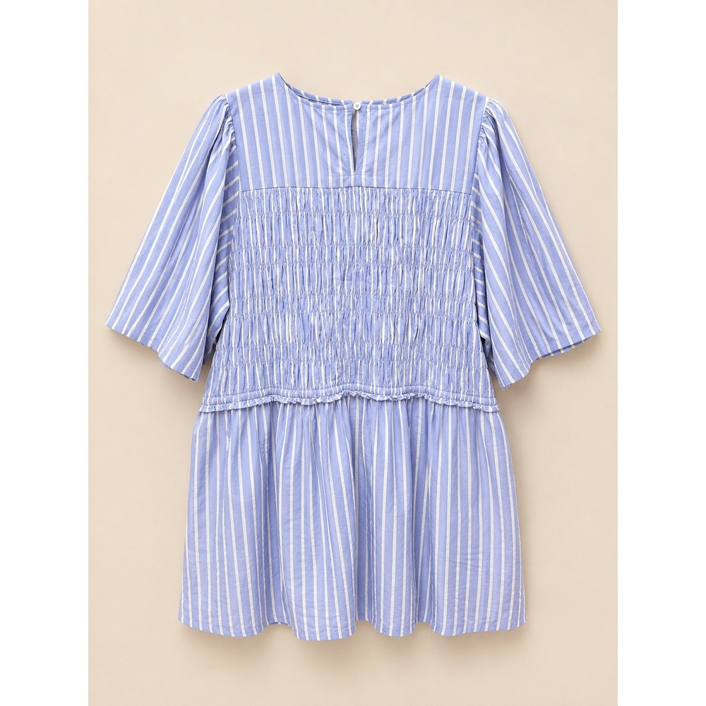 Apiece Apart Womens Dress XL Blue Striped Smocked Organic Cotton Pockets Mini